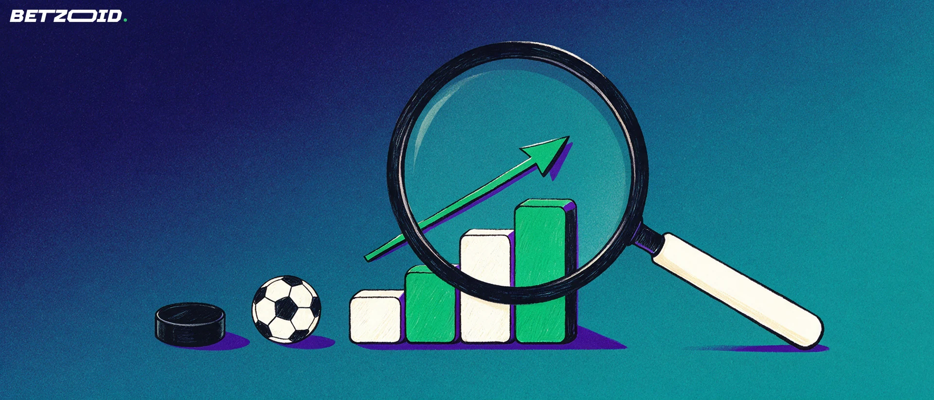 Illustration of a large magnifying glass examining rising bar blocks with an upward arrow, a soccer ball and a hockey puck beside them.