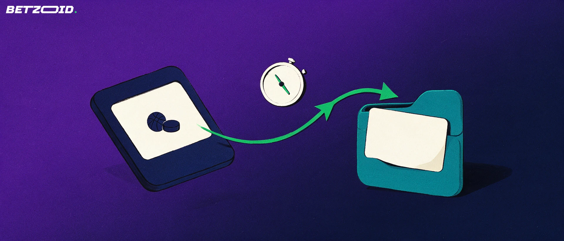 Illustration of a handheld device showing small sport symbols, a green arrow curving into an open wallet with a card, and a stopwatch above.