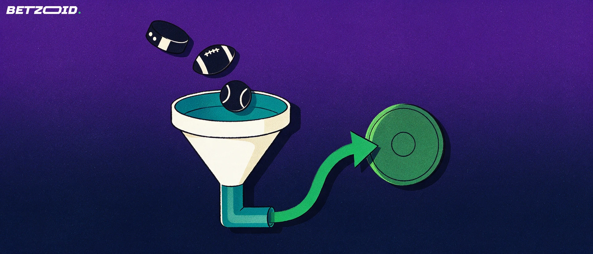 Illustration of hockey puck, football and baseball dropping into a funnel with a green arrow leading out to a single coin.