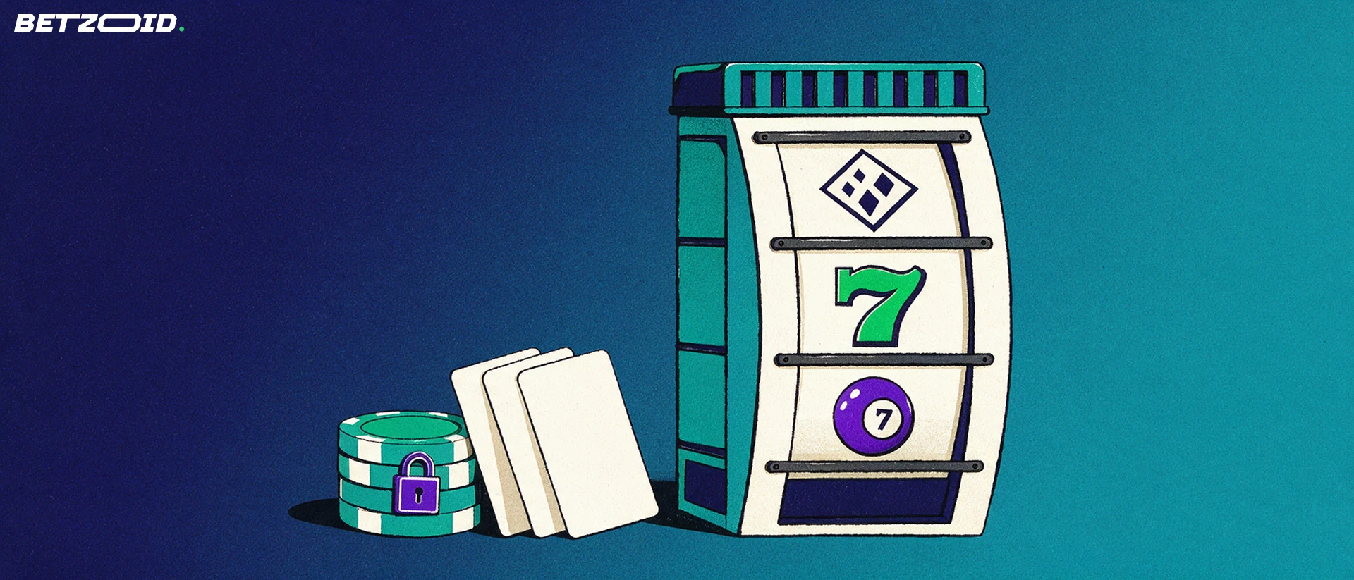 Illustration of a large slot reel drum with simple game symbols beside playing cards, casino chips and a small padlock badge.