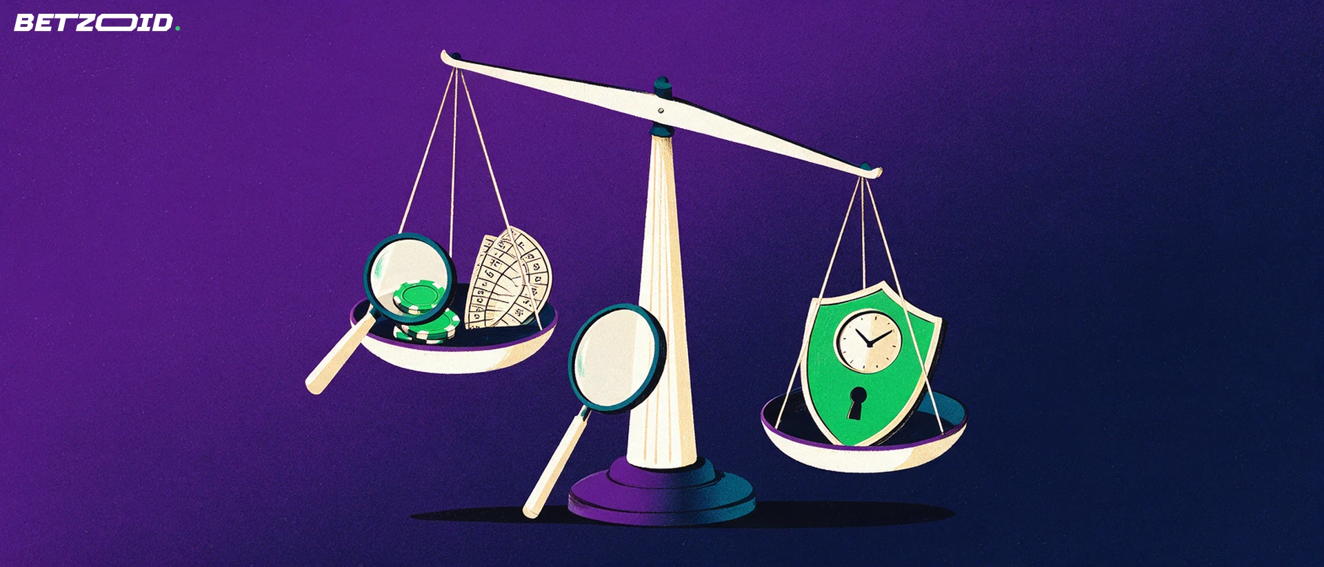 Illustration of a balance scale weighing casino chips and a roulette wheel slice against a keyhole shield and clock, with a magnifying glass leaning nearby.