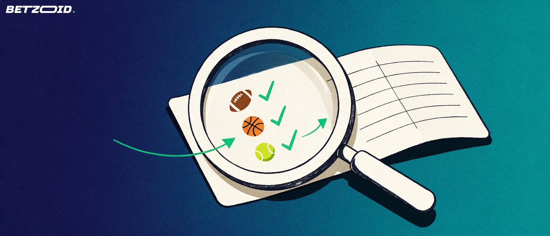 Illustration of a magnifying glass enlarging a sports betting slip showing football, basketball and tennis icons with tick marks