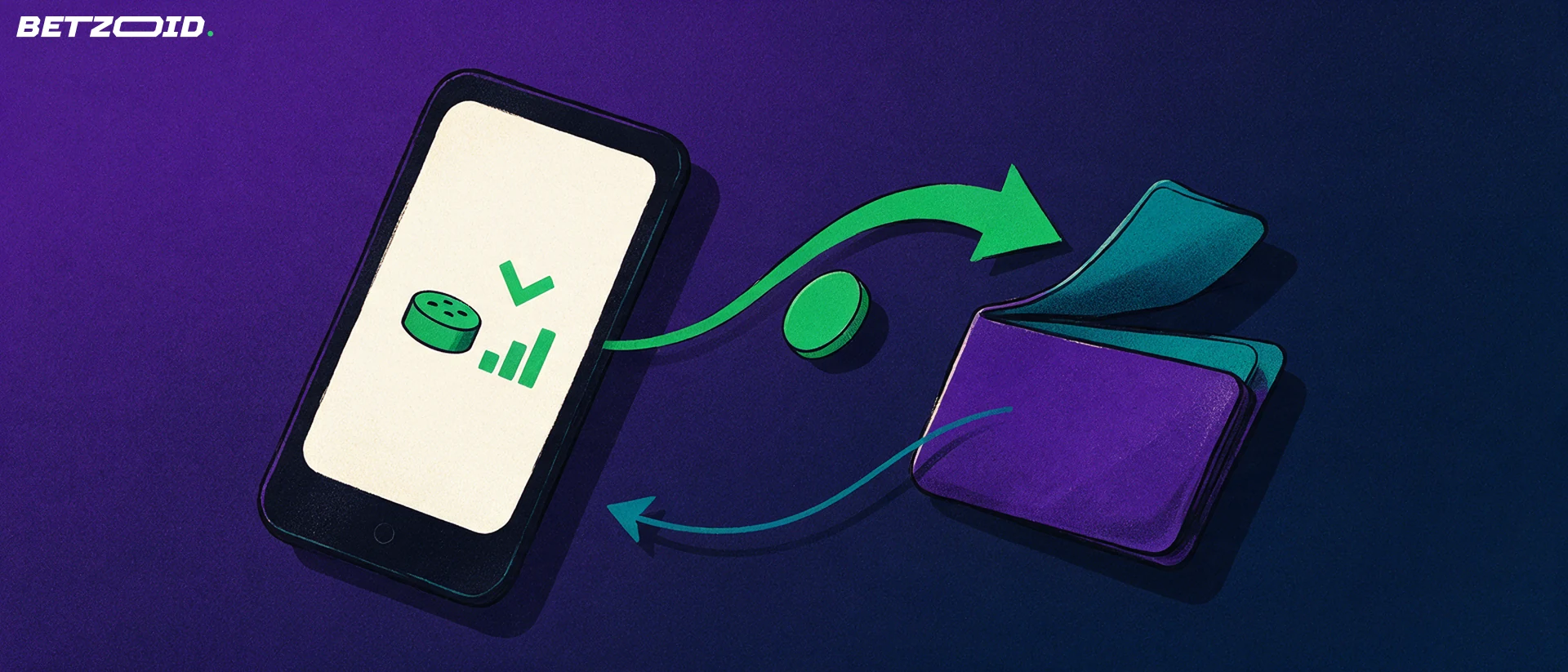 Illustration of a handheld device with sport symbols linked by curving arrows to an open wallet holding a single token.