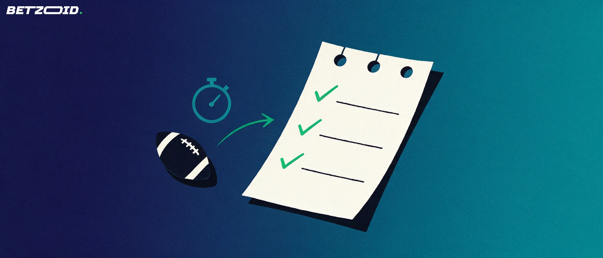 Illustration of a paper betting slip with green tick marks beside a football and a stopwatch.