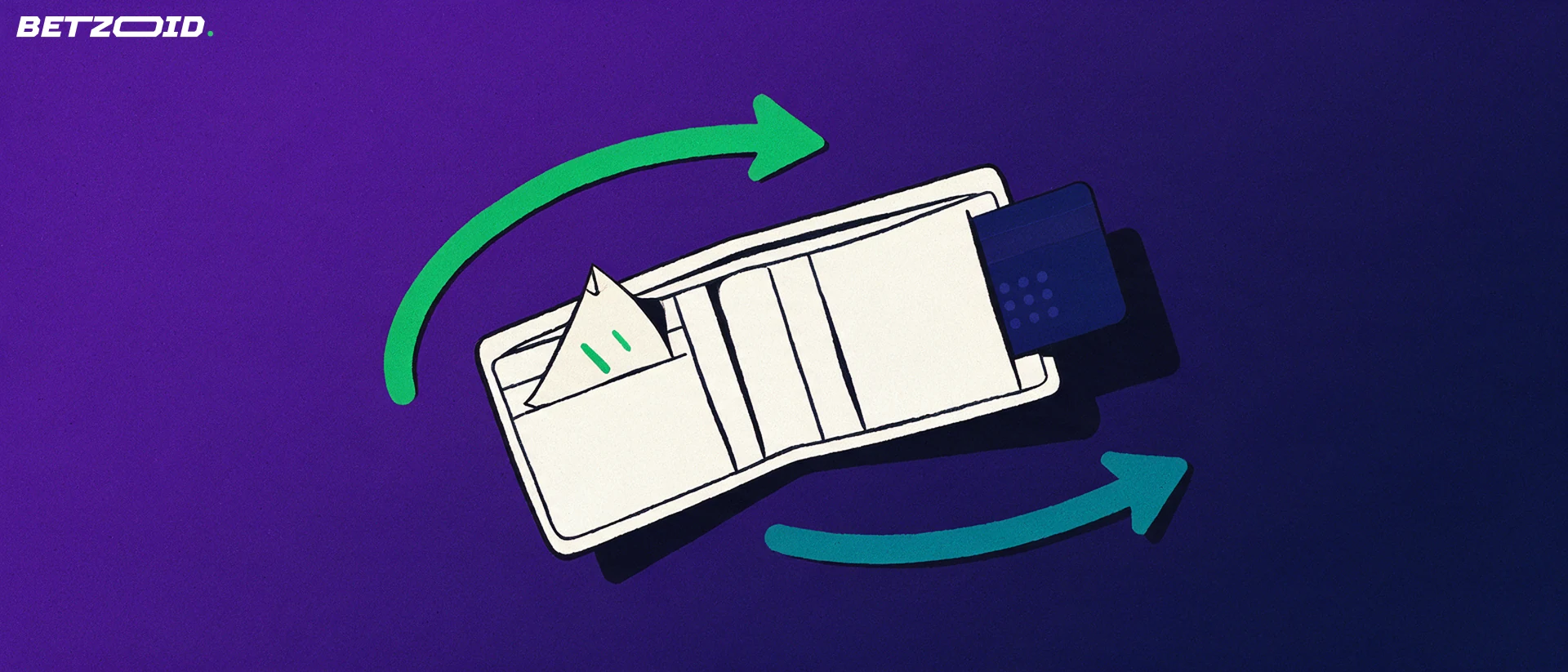 Illustration of an open wallet with a payment card and a folded betting slip, encircled by inward and outward arrows.