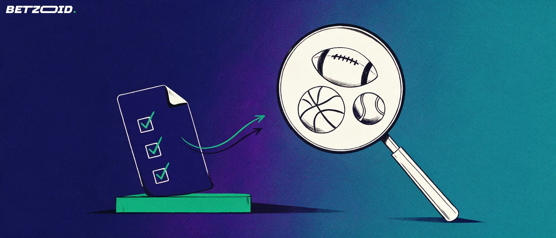 Illustration of a magnifying glass over football, basketball and tennis ball symbols beside a betting slip with tick marks.