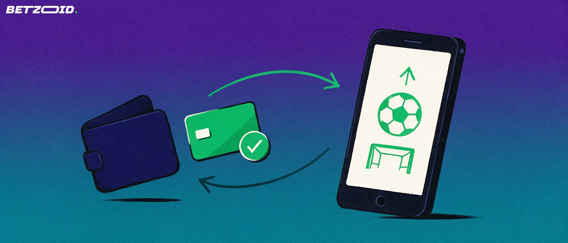 Illustration of a smartphone with simple sport symbols linked by arrows to a payment card and wallet shapes.