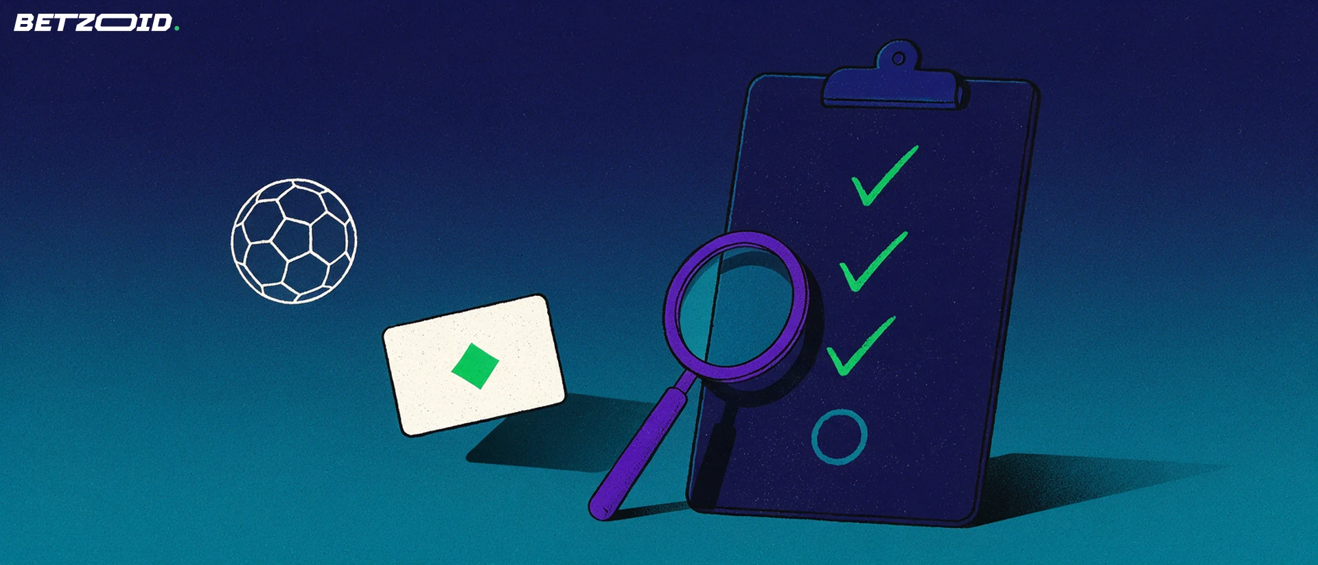 Illustration of a large clipboard with checkmarks, a magnifying glass, a soccer ball symbol and a playing card representing a review of sports betting and casino services.