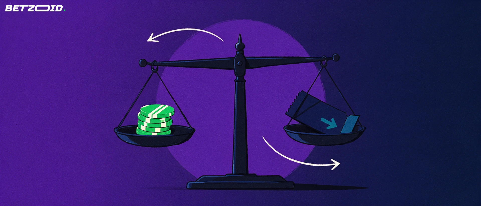 Illustration of a balance scale weighing a stack of casino chips against a plain betting slip, symbolising an operator assessment.