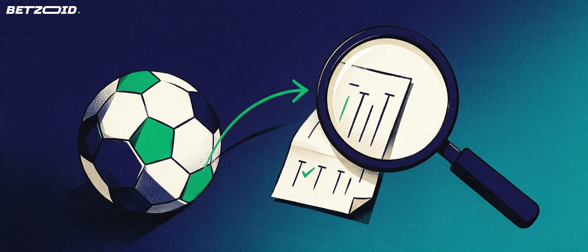 Illustration of a magnifying glass enlarging a folded sports betting slip beside a football