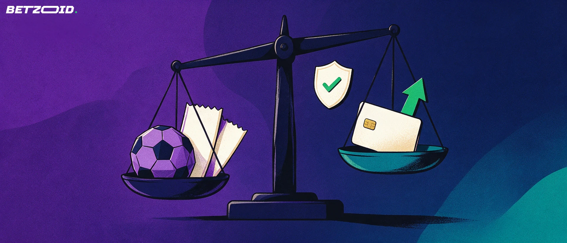 Illustration of a balance scale weighing a football and betting slips against a plain payment card