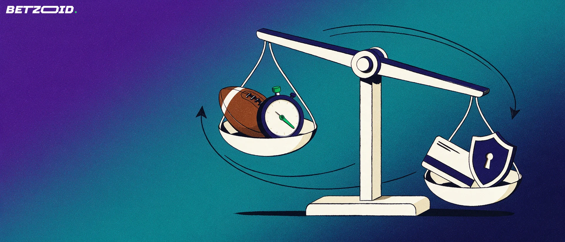 Illustration of a balance scale weighing a football and stopwatch against a plain payment card and a shield with a keyhole.