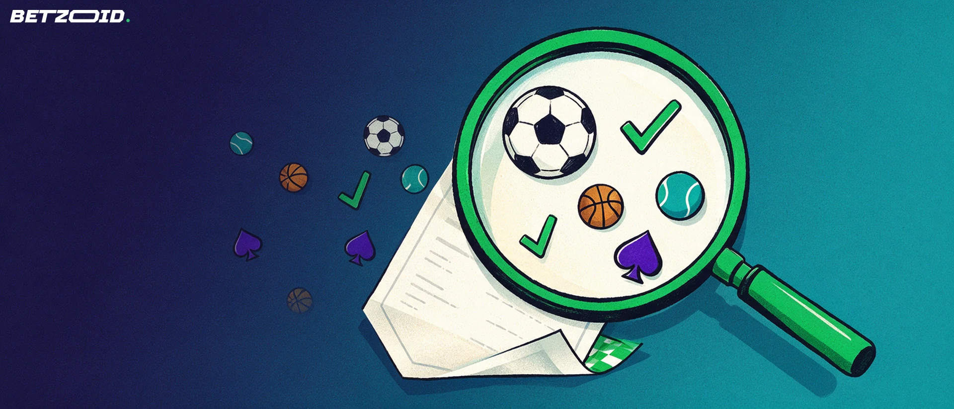 Ilustração de uma grande lupa sobre um boletim de apostas com símbolos de futebol, basquete, tênis e um naipe de carta, representando a análise de uma casa de apostas.