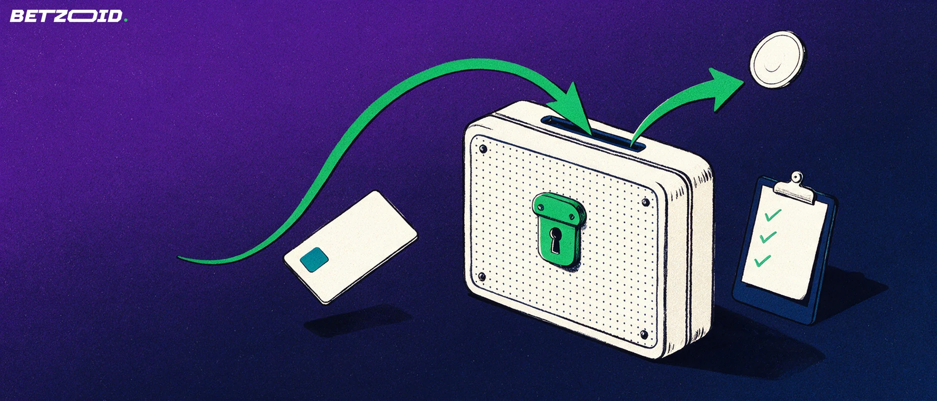 Ilustração de uma carteira-cofre recebendo um cartão por uma seta verde e liberando uma moeda por outra seta, ao lado de uma prancheta com marcas de verificação.