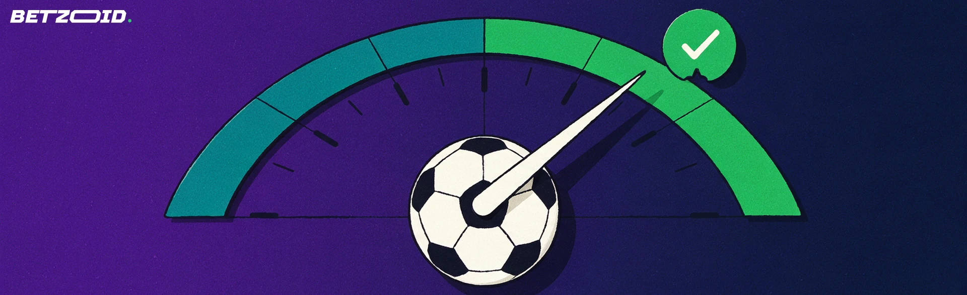 Ilustração de um medidor semicircular com ponteiro apontando para cima à direita, uma bola de futebol no eixo central e um pequeno círculo com sinal de visto.