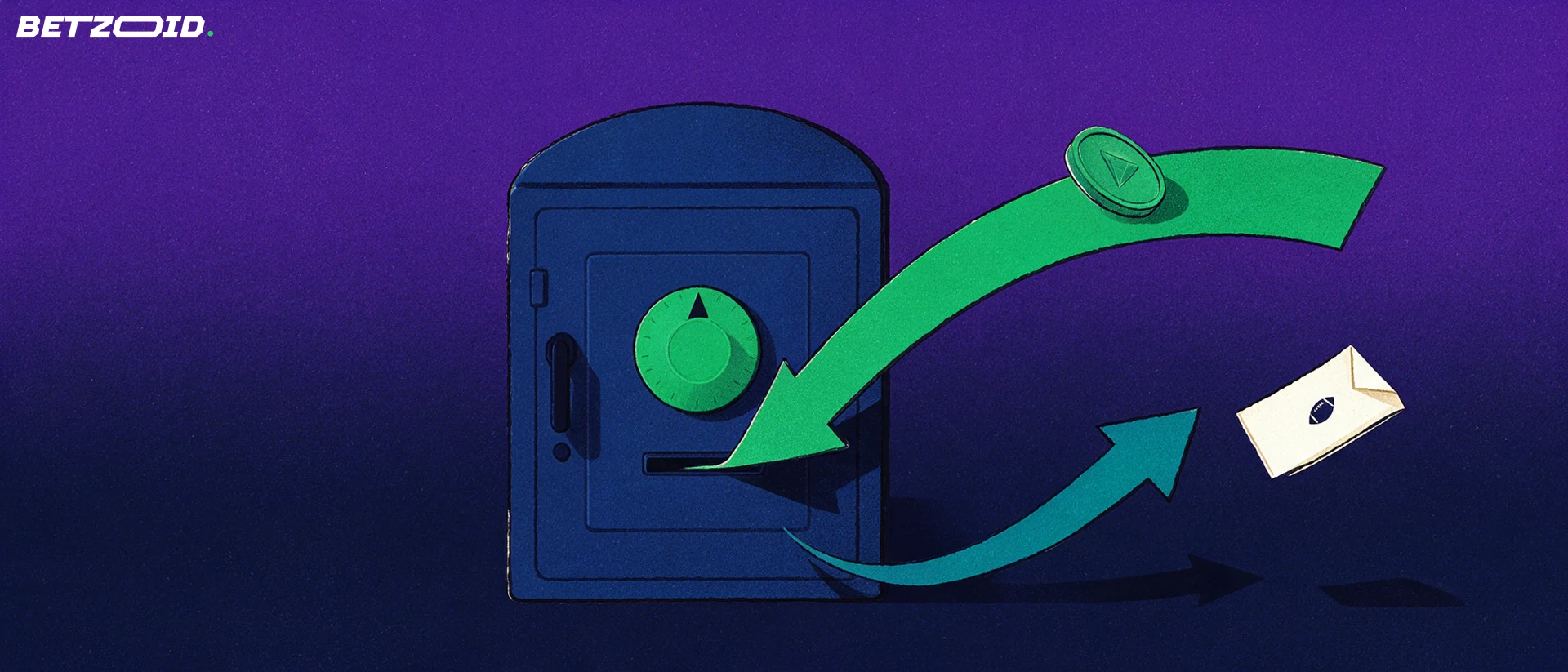 Illustration of a safe with arrows showing a coin going in and money flowing out to a small betting ticket