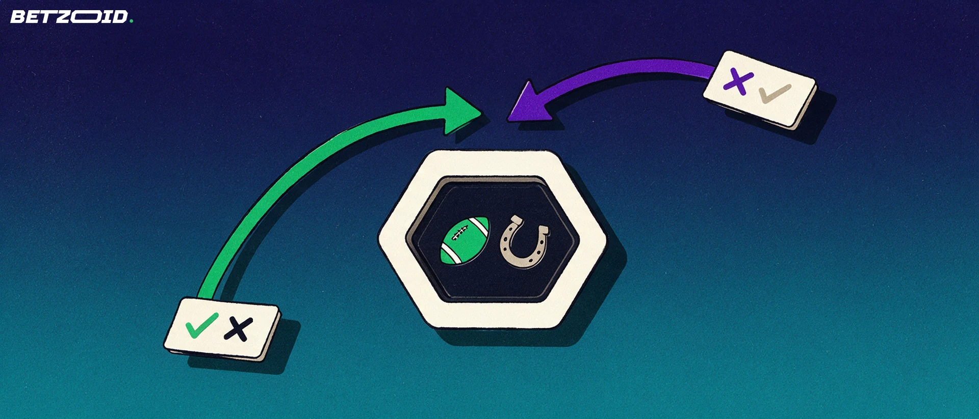 Illustration of two opposing curved arrows meeting at a central hub with football and horseshoe symbols, representing matched bets on an exchange.