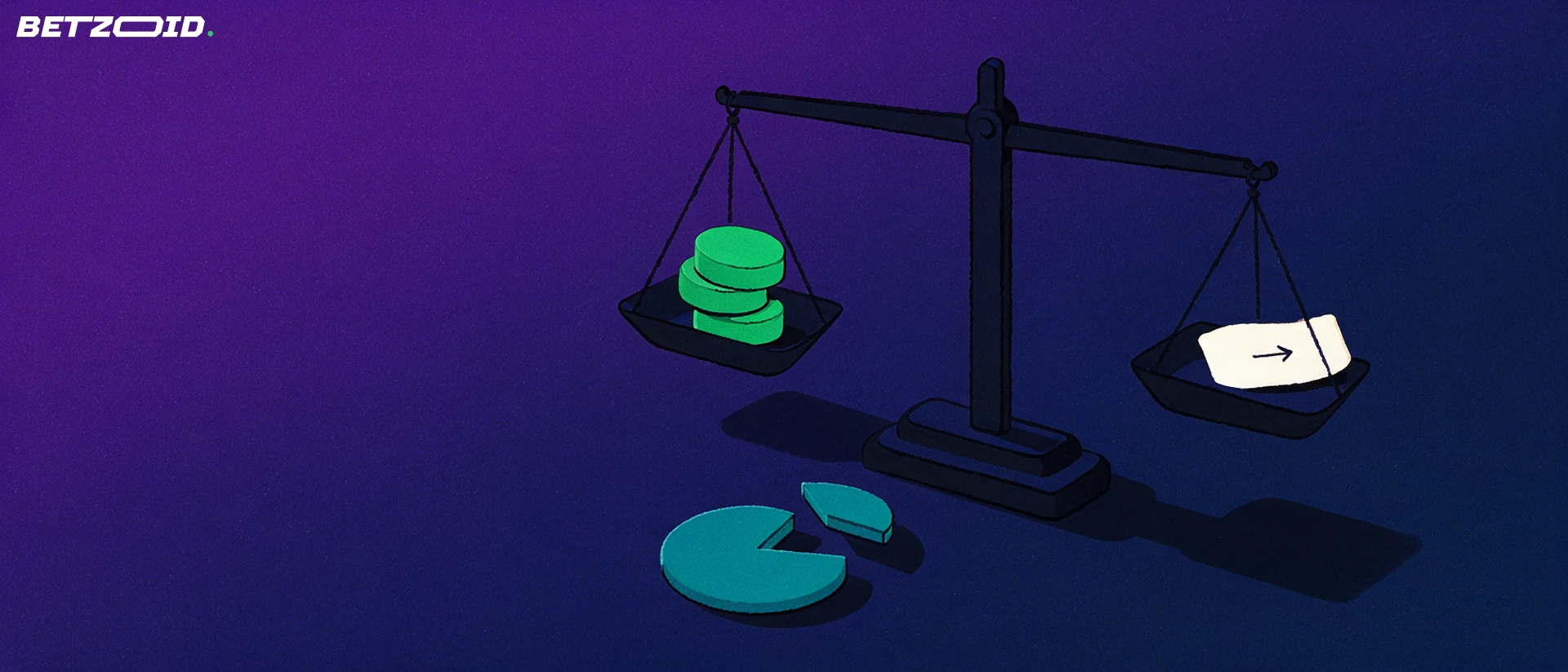 Illustration of a balance scale weighing stacked tokens against a betting slip, with a disc below missing a small wedge slice.