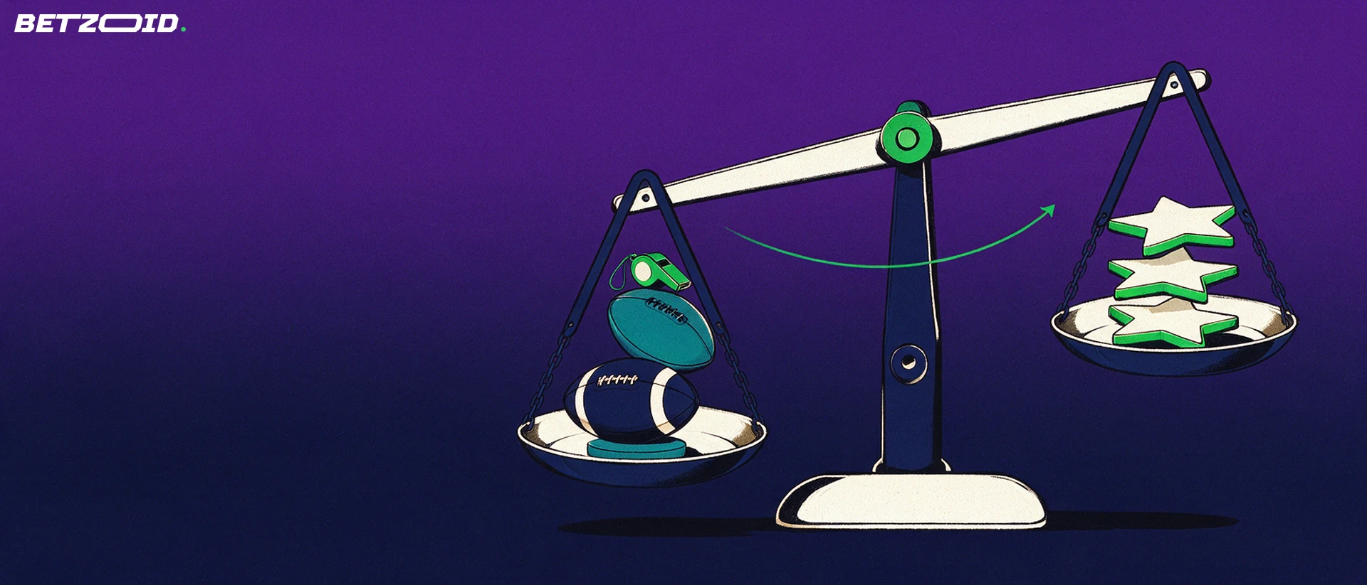 Illustration of a balance scale weighing footballs, a rugby ball and a whistle against stacked star discs