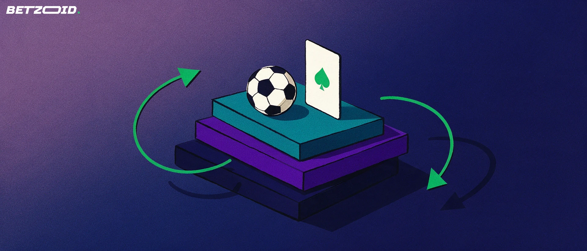 Ilustração de uma plataforma formada por blocos geométricos empilhados, com uma bola de futebol e uma carta de baralho no topo e setas curvas a circular os blocos.
