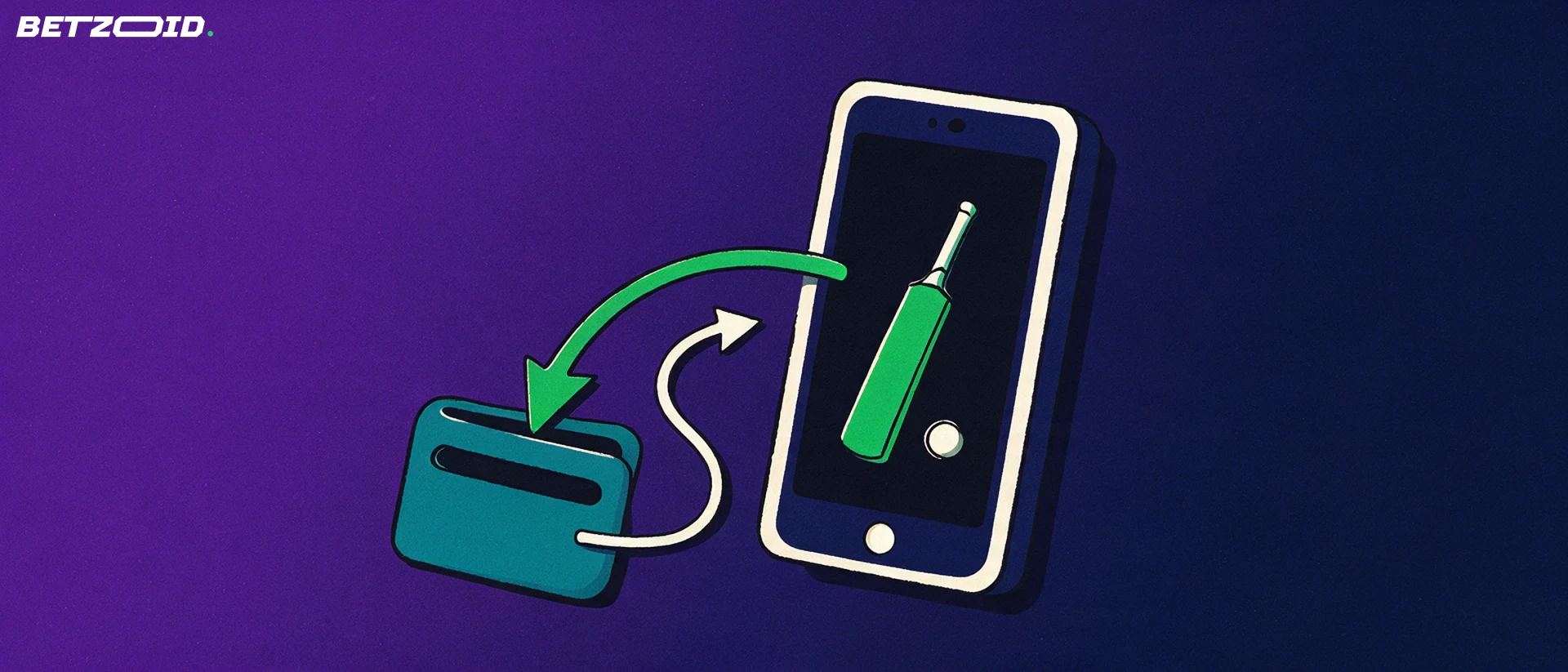 Illustration of a smartphone showing cricket symbols with arrows looping between the phone and a wallet.