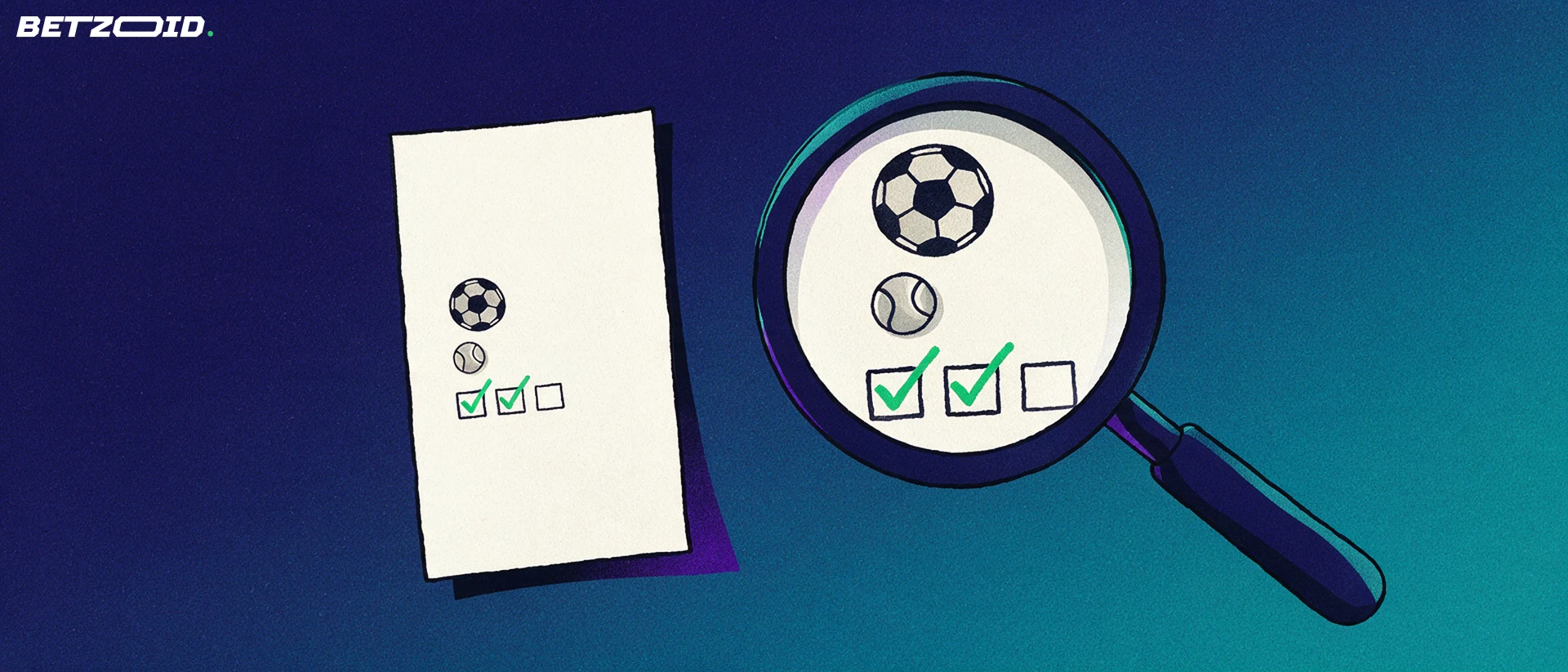 Ilustração de uma grande lupa examinando um boletim de apostas com símbolos de futebol e marcas de verificação verdes.