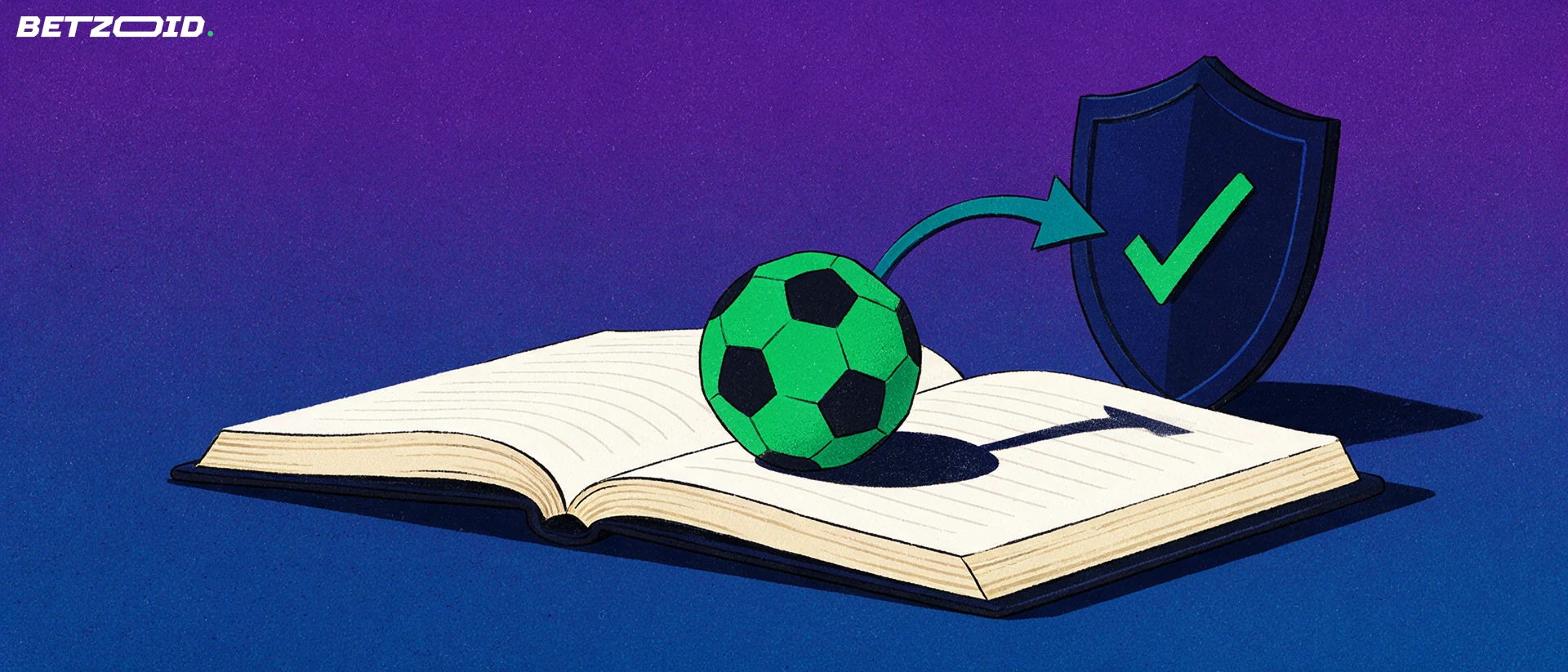 Ilustração de um caderno aberto com uma bola de futebol sobre a página e um escudo com sinal de confirmação ao lado, ligado por uma seta.