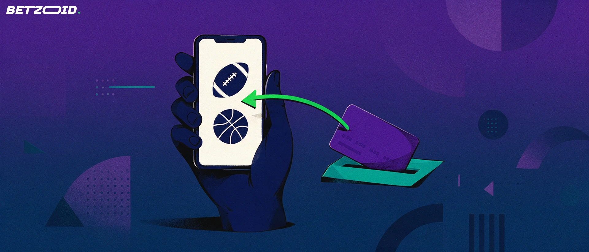 Illustration of a hand holding a phone displaying football and basketball symbols, with a plain payment card and a green arrow pointing to the screen.