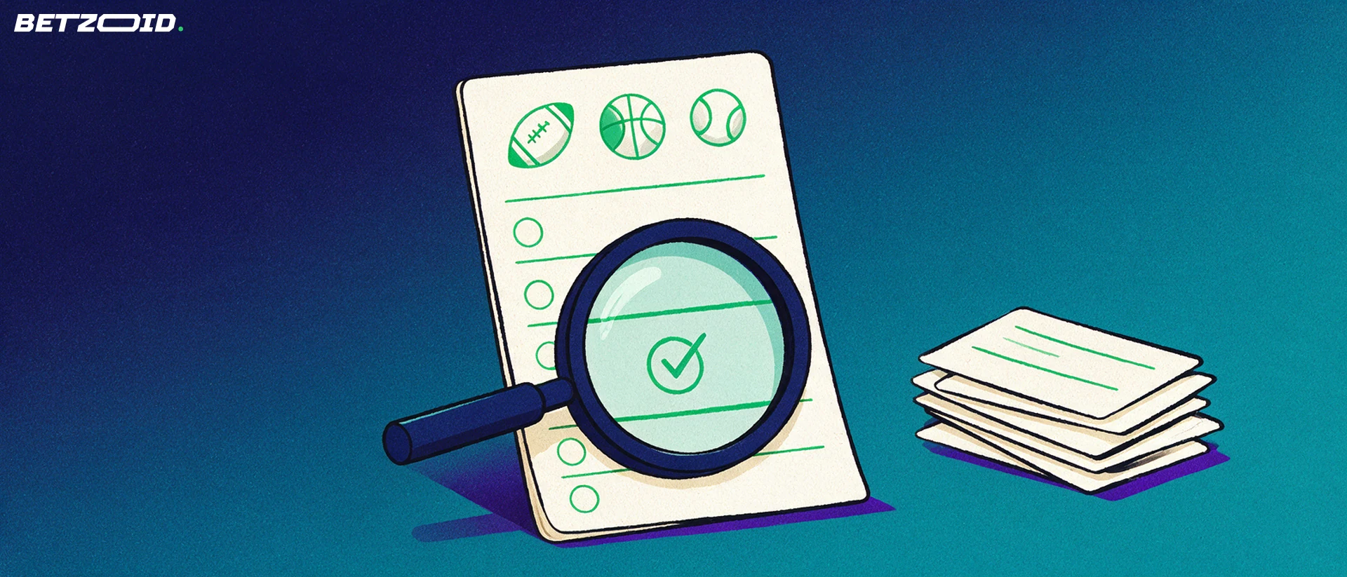 Ilustração de uma lupa examinando um boletim de apostas com símbolos de futebol, basquete e tênis, ao lado de bilhetes empilhados.