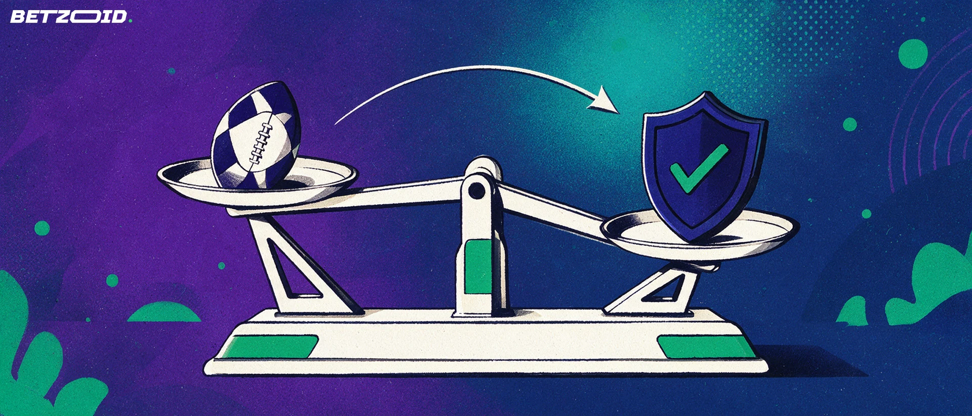 Ilustração de uma balança equilibrando uma bola de futebol e um escudo com marca de verificação, com uma seta curva entre eles.