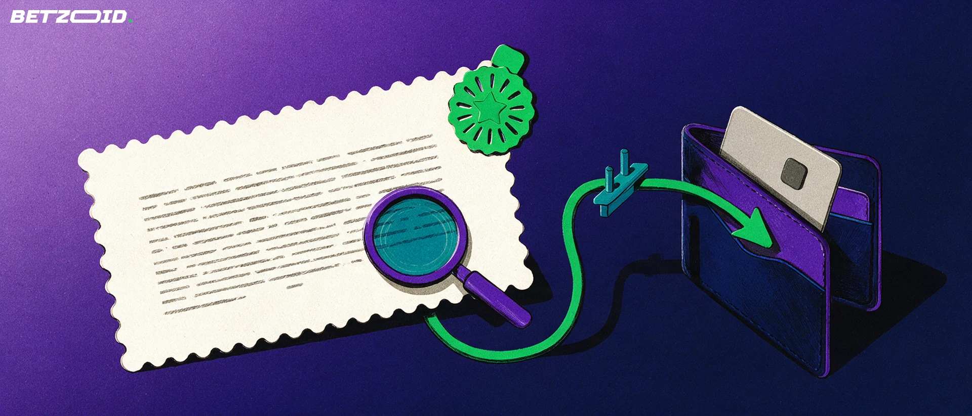 Illustration of a magnifying glass inspecting the fine print of a bonus voucher while a green arrow passes through a gate into an open wallet with a payment card.
