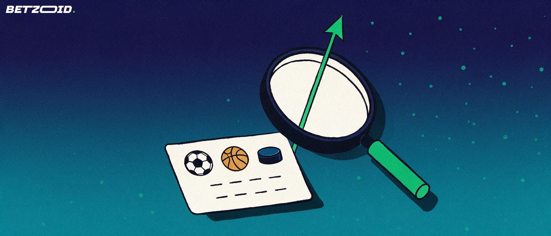 Illustration of a large magnifying glass examining a betting slip marked with soccer, basketball and hockey symbols, with a rising arrow beside it.
