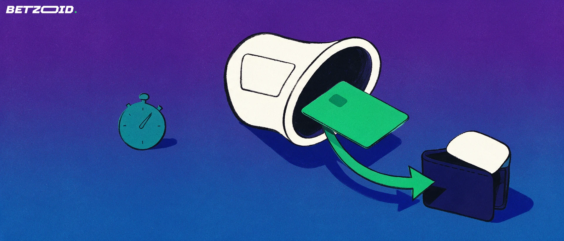 Illustration of a payout chute releasing a plain bank card along a green arrow into an open wallet, with a stopwatch nearby.