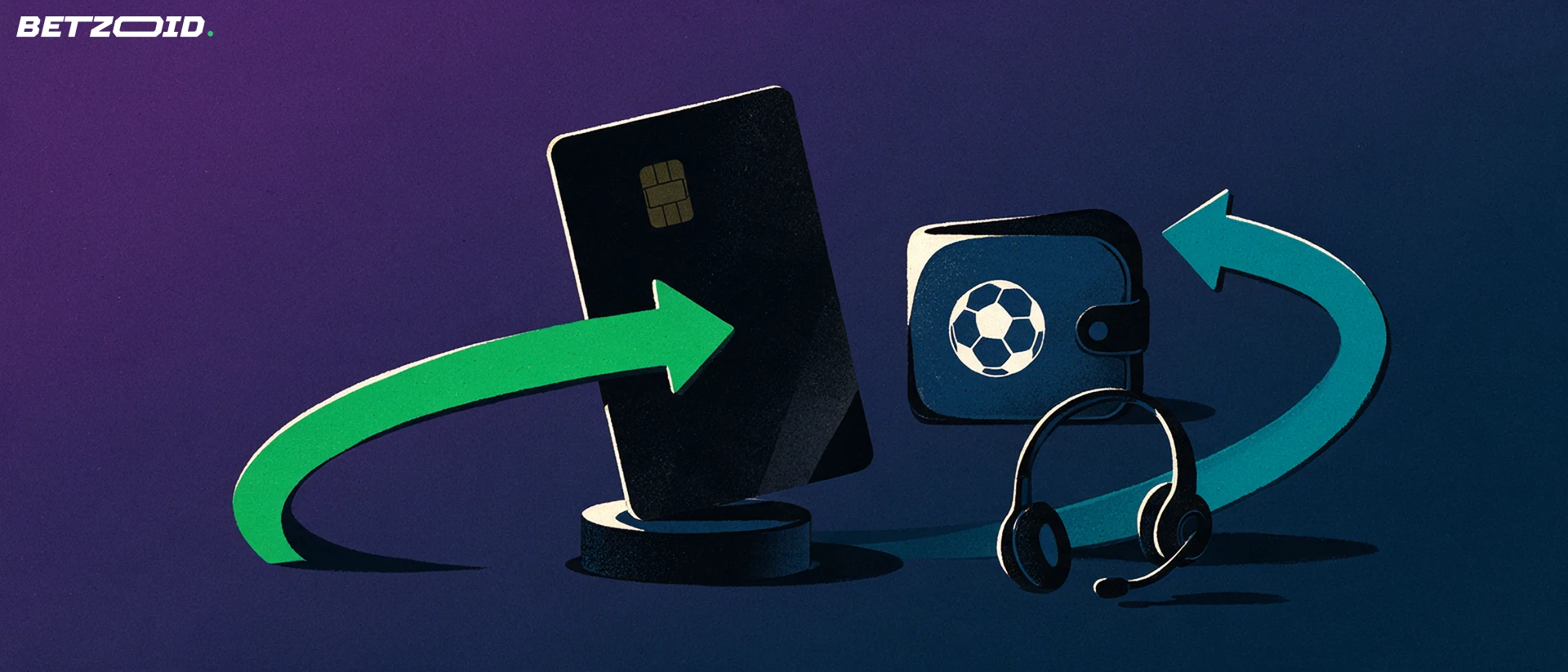 Ilustração de um cartão de pagamento com duas setas curvas ligando-o a uma carteira com símbolo de bola de futebol e um fone de atendimento ao lado.