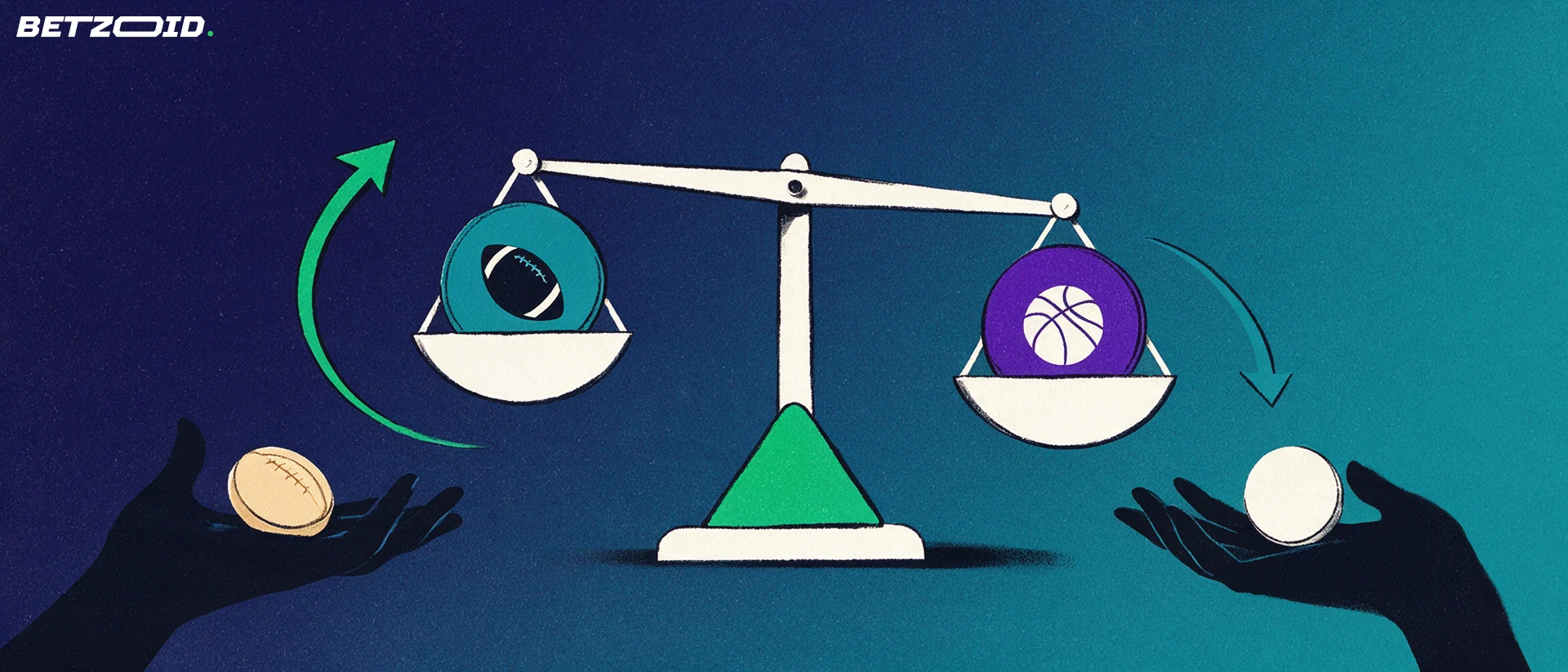 Illustration of a balance scale weighing two sports discs with opposing arrows, symbolising matched bets on a betting exchange