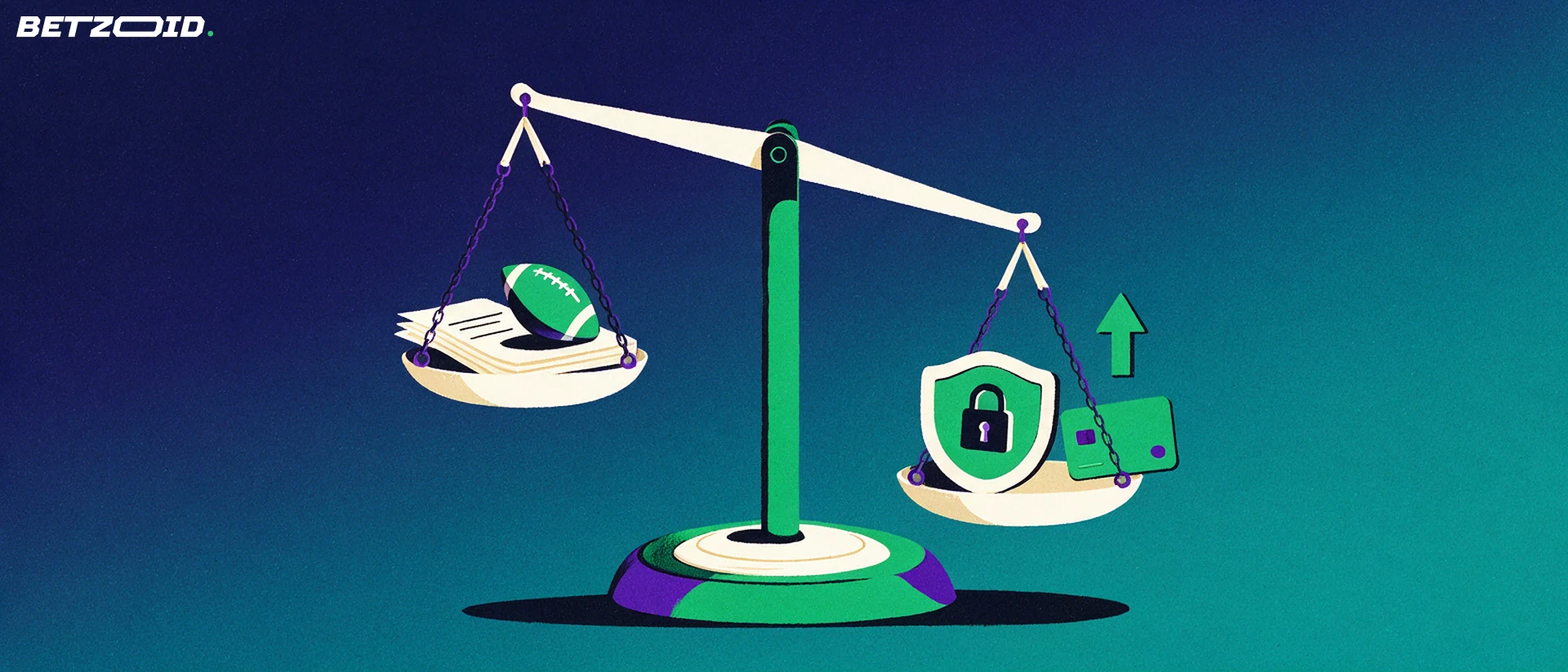 Ilustração de uma balança equilibrando um boletim de apostas com bola de futebol de um lado e um escudo com cadeado e cartão bancário do outro.