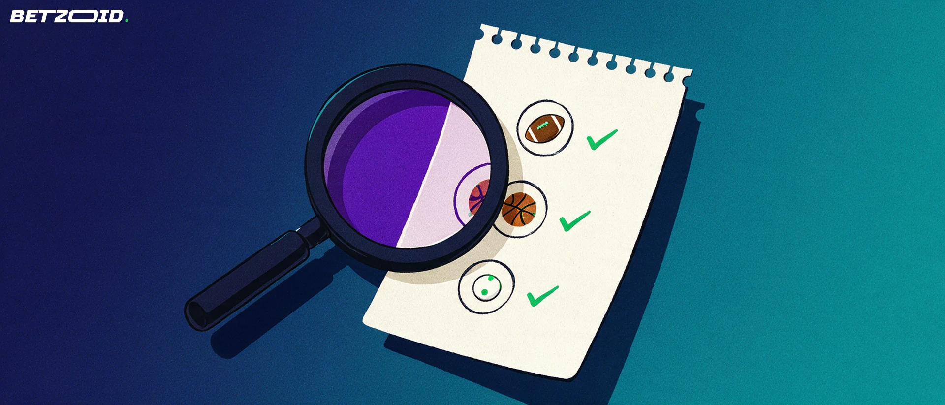 Illustration of a magnifying glass inspecting a betting slip marked with American football, basketball and baseball symbols.
