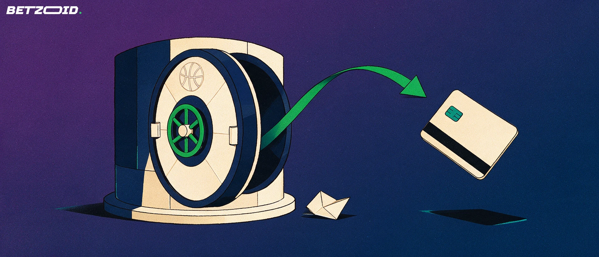 Illustration of an opening vault with a basketball emblem and a green arrow leading to a plain payment card and a folded betting ticket.