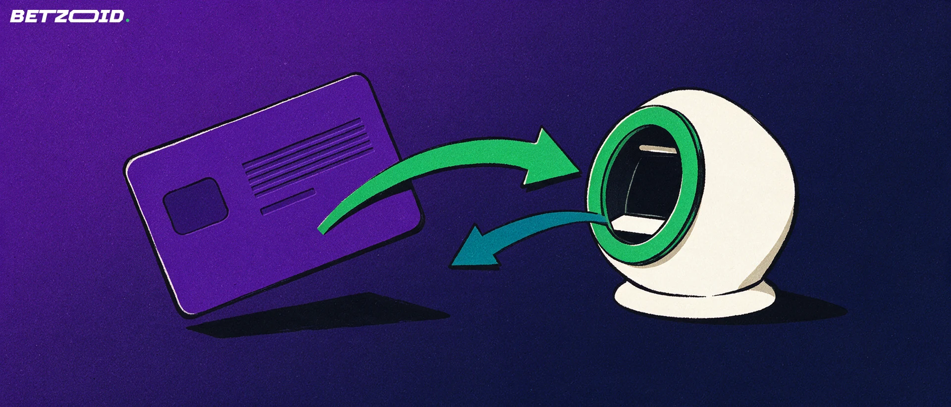 Illustration of a bank card and a deposit slot linked by arrows showing deposits and withdrawals