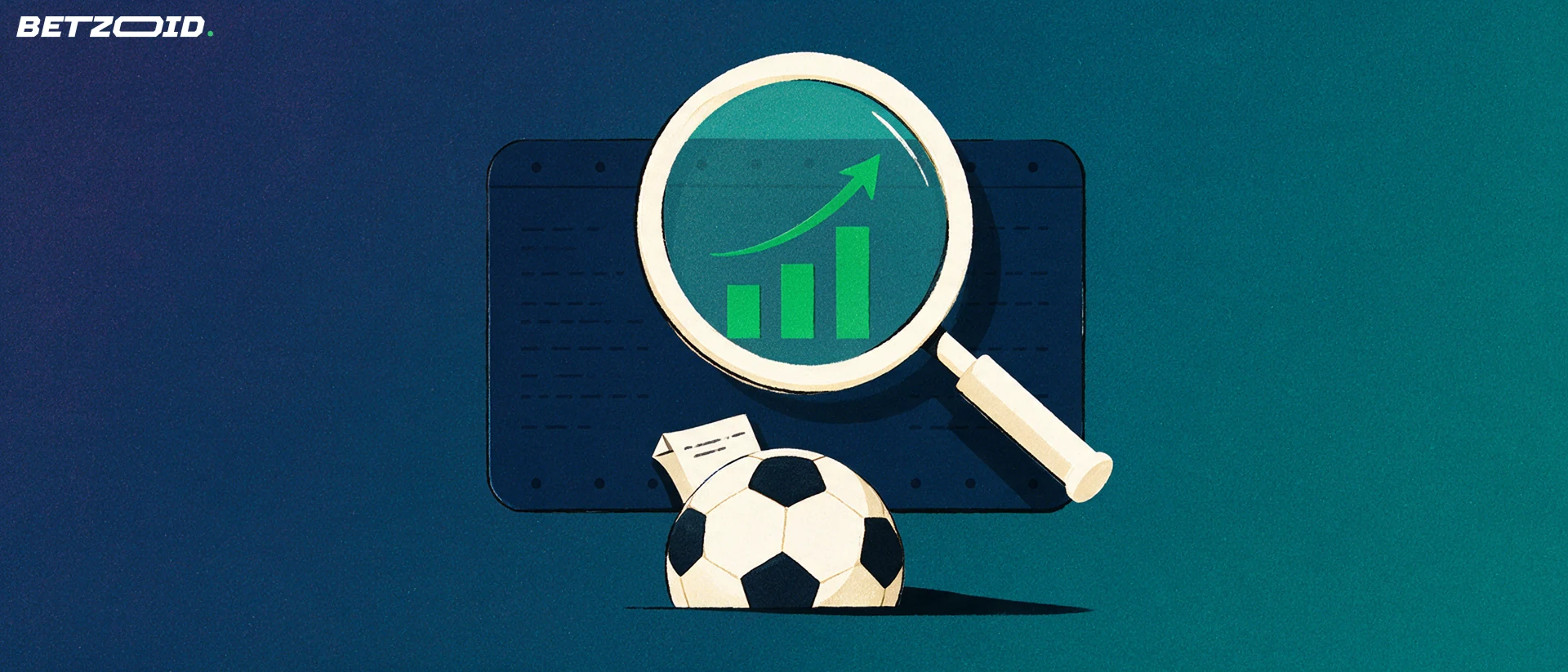 Ilustração de uma lupa ampliando barras crescentes e uma seta verde sobre um painel de cotações, ao lado de uma bola de futebol e um bilhete de aposta dobrado.