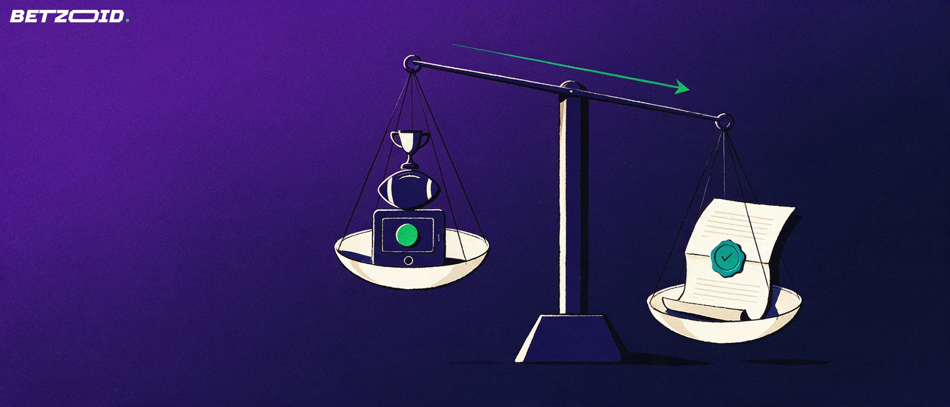 Ilustração de uma balança equilibrando símbolos de apostas esportivas de um lado e um documento de condições com selo e marca de verificação do outro.