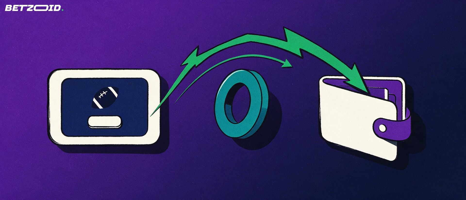 Ilustração de um dispositivo móvel com ícone de futebol enviando um raio verde através de um círculo até uma carteira aberta, representando transferência instantânea.