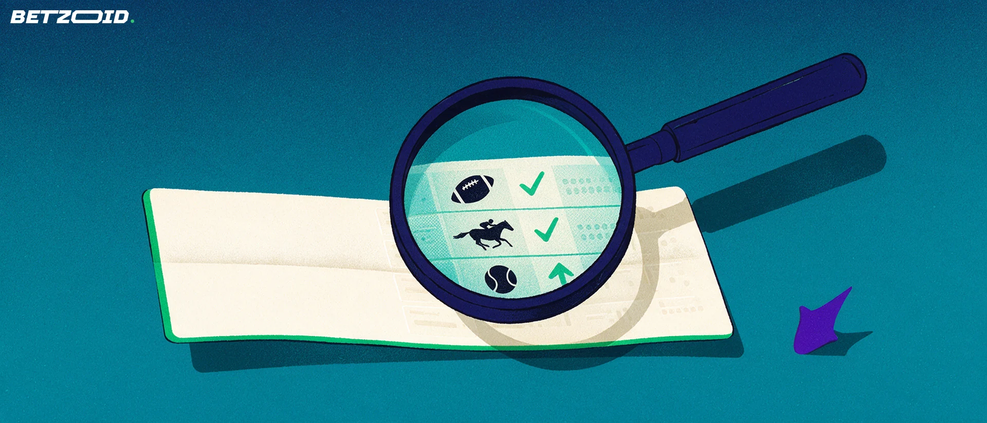 Ilustração de uma grande lupa inclinada sobre um cupom de apostas, ampliando ícones de futebol, cavalo e tênis com marcas de verificação verdes.