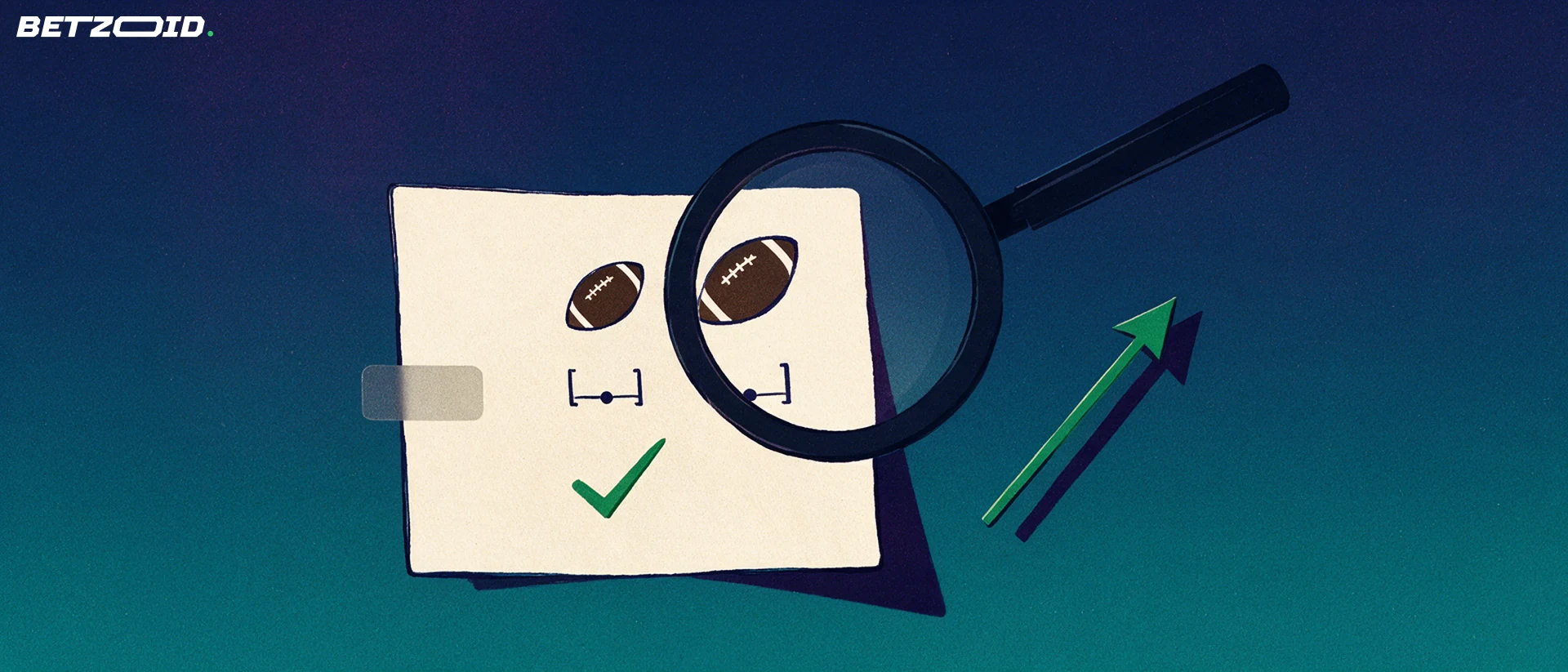 Ilustração de uma grande lupa examinando um boletim de apostas com símbolos de futebol e um sinal de confirmação.