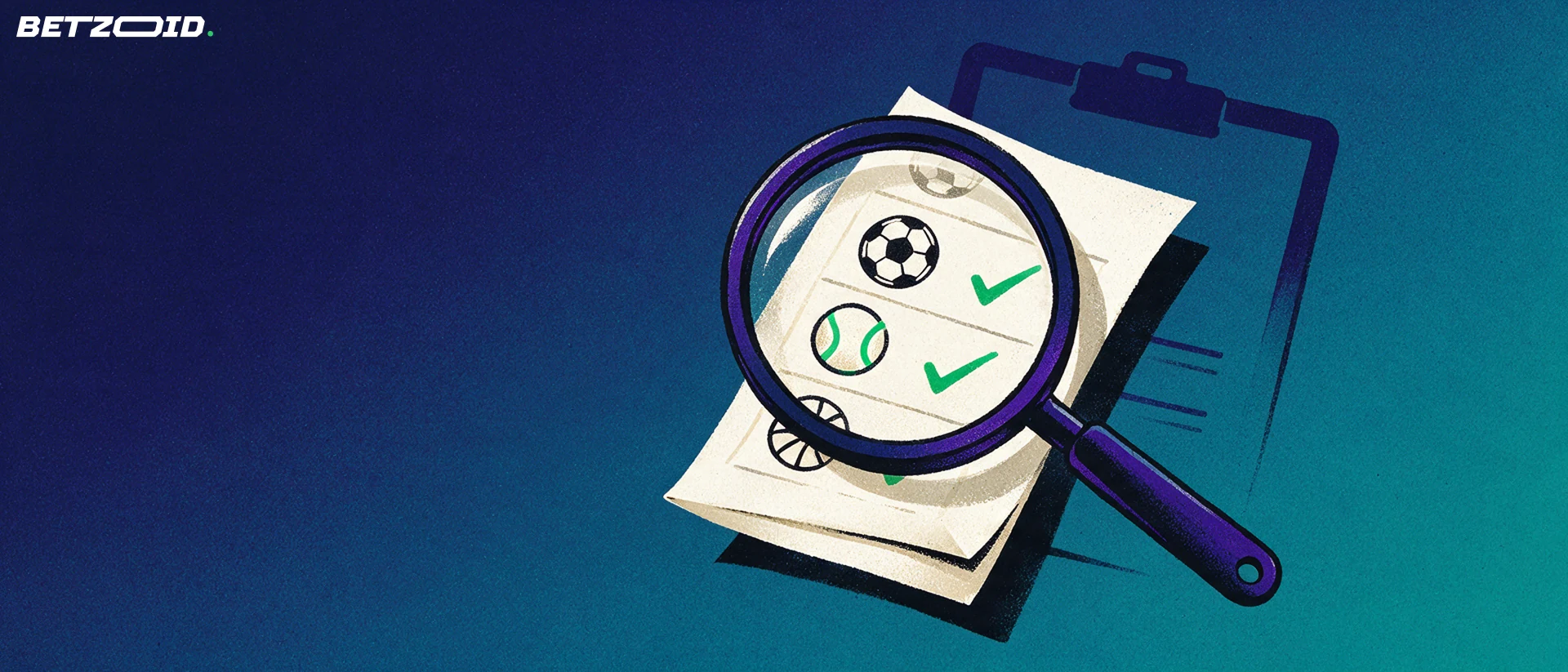 Ilustração de uma grande lupa inspecionando um boleto de apostas com ícones de futebol, tênis e basquete e dois sinais de confirmação