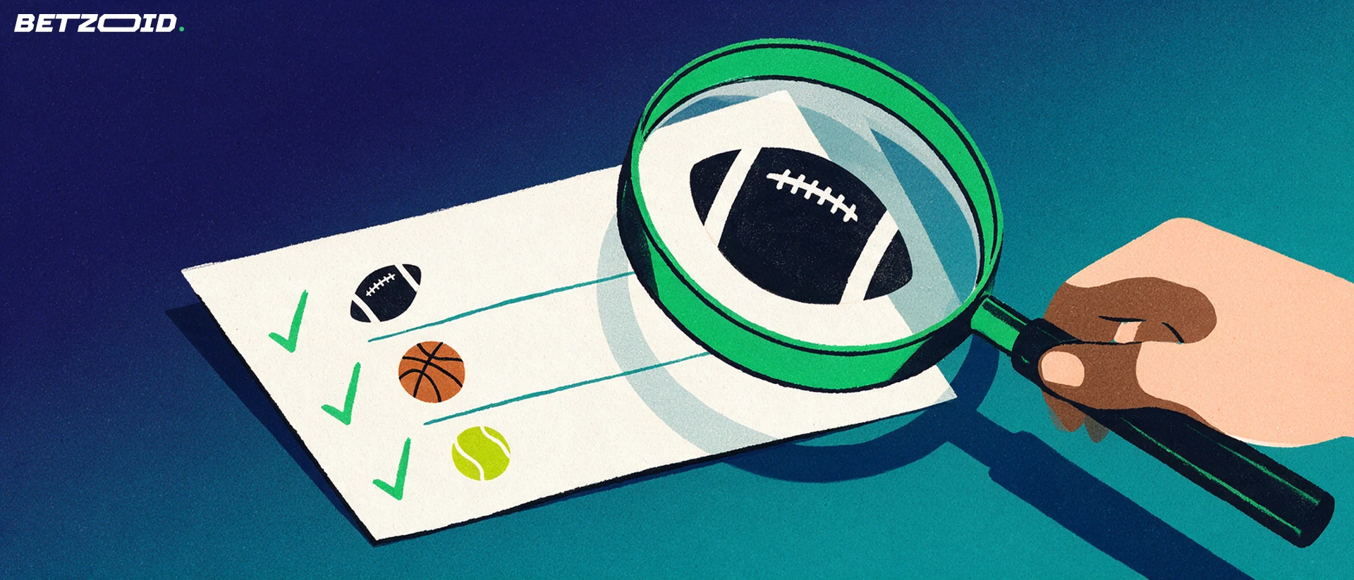 Ilustração de uma grande lupa inclinada sobre um bilhete de apostas com símbolos de futebol, basquete e tênis e marcas de confirmação.