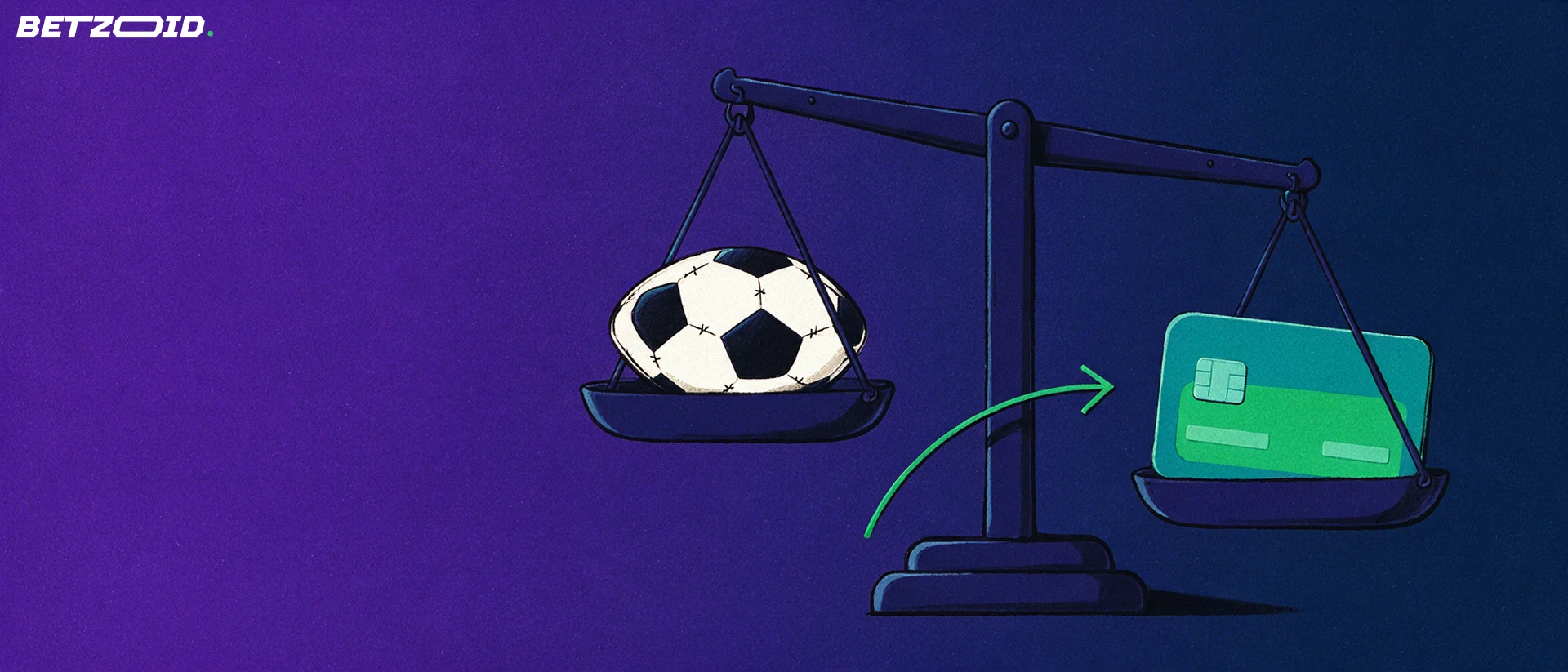 Ilustração de uma balança inclinada com uma bola de futebol em um prato e um cartão de pagamento no outro, ligados por uma seta verde.