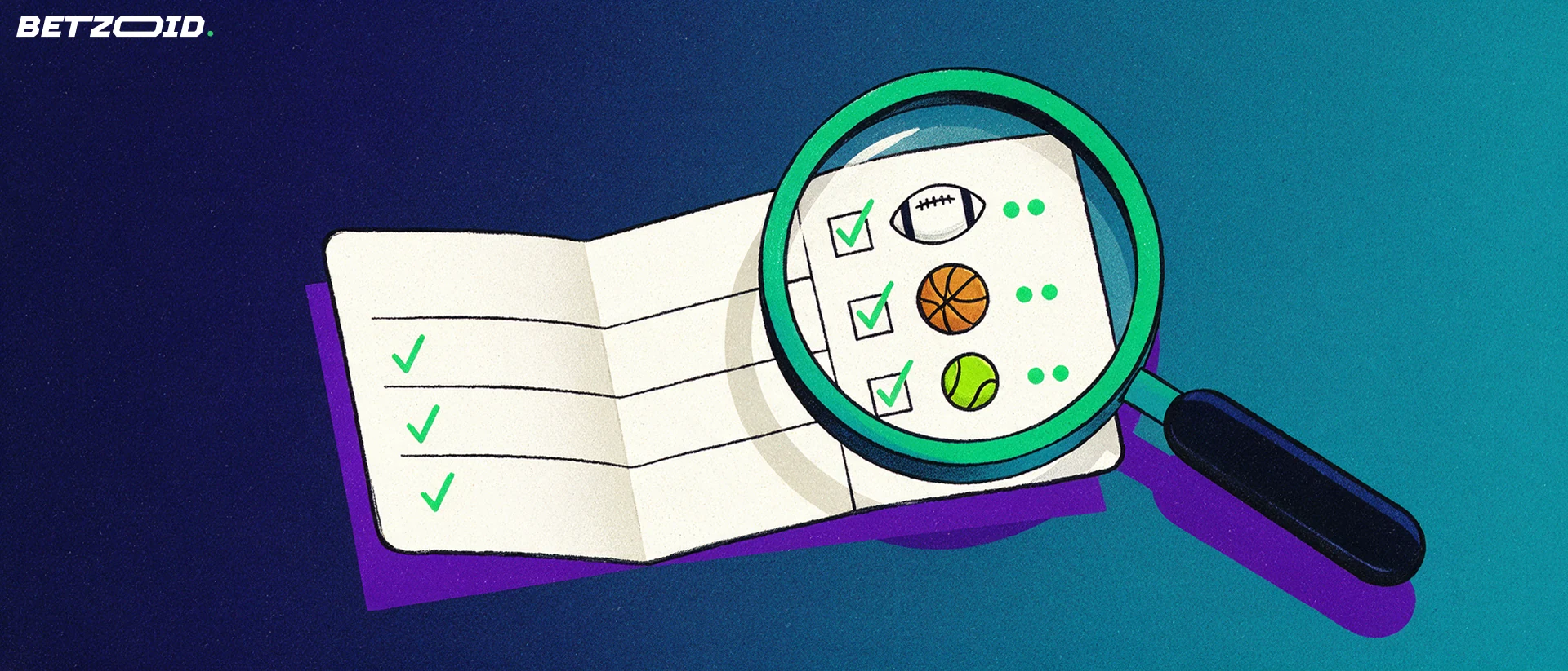 Ilustración de una lupa grande que examina un boletín de apuestas con marcas de verificación y símbolos de fútbol, baloncesto y tenis.