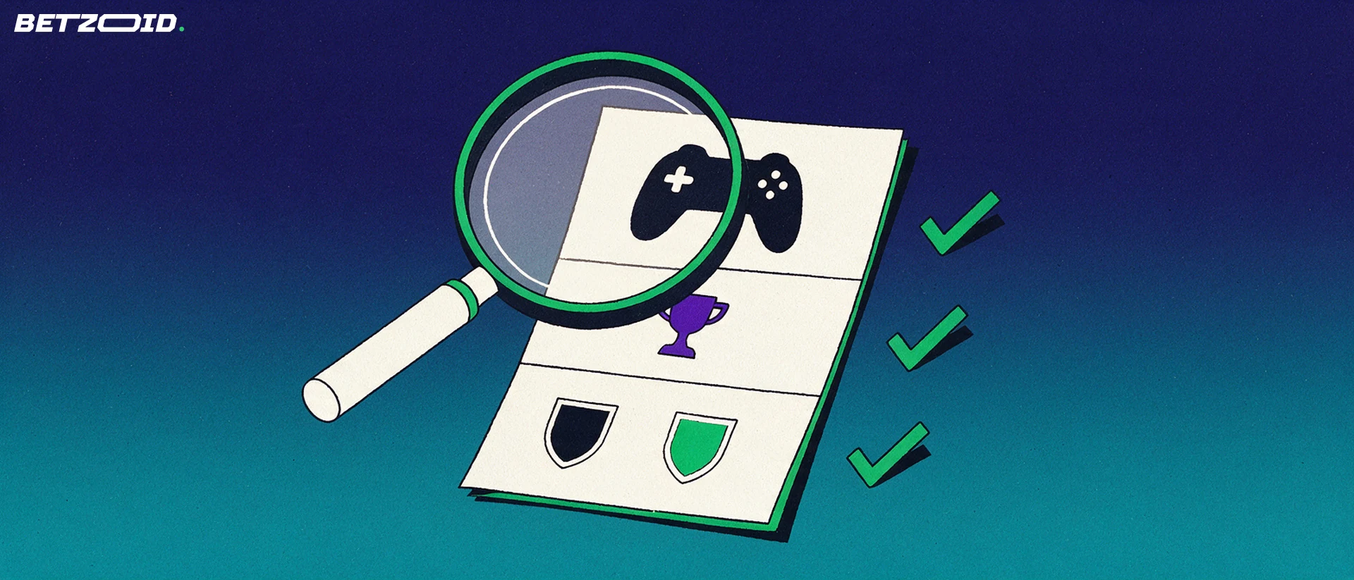 Ilustración de una lupa que examina un boleto de apuestas con símbolos de mando de videojuegos y trofeo, junto a marcas de verificación.