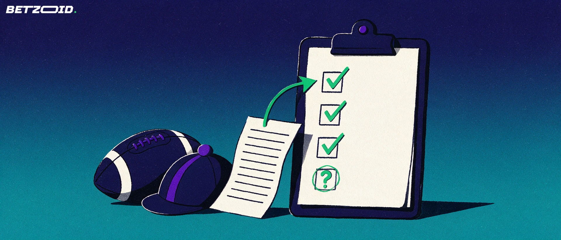 Illustration of a checklist clipboard with tick marks beside a football, jockey cap and blank betting slip